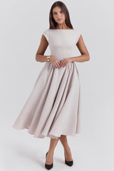 Debutante French Dove Moire Satin Backless Midi Dress
