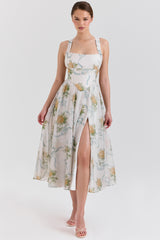 Minerva Soft Blue Vintage Ribbon Print Chiffon Midi Dress