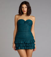 Party Perfect Glitter Knit Strapless Ruffle Mini Dress