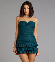 Party Perfect Glitter Knit Strapless Ruffle Mini Dress