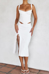Mistress Rocks White Gathered Thigh Split Midi Skirt - SALE