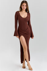 Khrysta Chocolate Brown Draped Maxi Dress