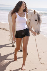 Azora Black Vegan Leather Micro Mini Shorts