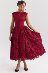 Debutante Berry Lace Backless Midi Dress