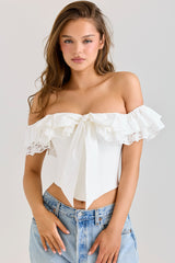 Aria White Stretch Cotton Off-The-Shoulder Frill Corset