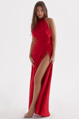 Zanab Red Rose Thigh Slit Maxi Dress
