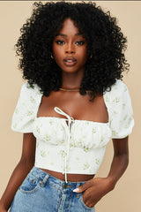 Arianna Ivory Floral Puff Sleeve Cropped Top