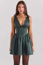 Emmeliette Forest Green Satin Mini Dress