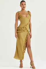 Pixie Olive Ruffle Maxi Dress