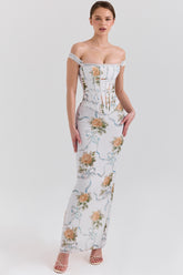 Isis Soft Blue Vintage Print Corset Maxi Dress