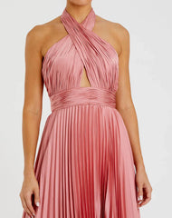 Pleated Halter Neck Asymmetrical Hem Gown