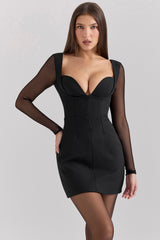 Angelie Black Stretch Crepe Plunge Mini Dress