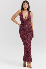 Carena Merlot Plunge Floral Appliqué Maxi Dress