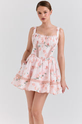 Kimmie Peach Floral Rose Print Cotton Mini Dress