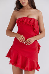 Mistress Rocks Red Frayed Denim Strapless Mini Dress - SALE