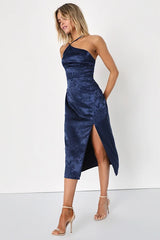 Desirable Dream Navy Blue Satin Jacquard Halter Neck Midi Dress