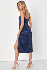 Desirable Dream Navy Blue Satin Jacquard Halter Neck Midi Dress