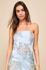 Upgraded Event Blue Jacquard Strapless Bustier Midi Dress