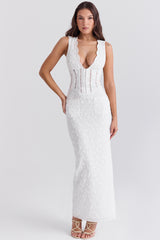 Sophina White Cotton Broderie Anglais Plunge Maxi Dress