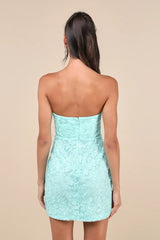 Exquisite Sensation Teal Floral Embroidered Strapless Mini Dress Lulus