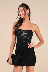 Exquisite Allure Black Mesh Sequin Strapless Bustier Mini Dress