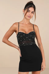 VIP Moment Black Beaded Sequin Bodycon Mini Dress