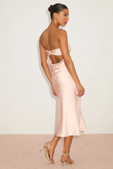 Effortless Bliss Blush Pink Satin Strapless Cowl Back Midi Dress