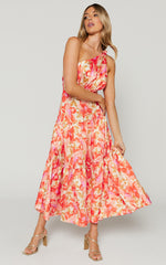 Georgine Midi Dress - One Shoulder Ruched Tiered Dress in AUTUMN FLORAL