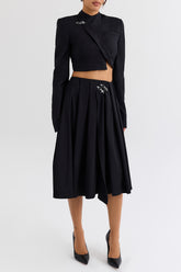 Mistress Rocks Black Pleated Wrap Front Midi Skirt - SALE