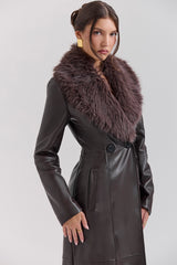 Marcel Brown Faux Fur Trimmed Vegan Leather Coat