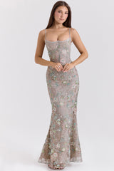 Naima Silver Embellished Beaded Corset Maxi Dress