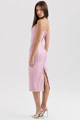 Ophelle Pink Jacquard Lace Up Bodycon Midi Dress