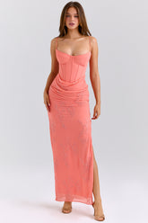 Carmella Coral Embellished Hand Beaded Maxi Dress