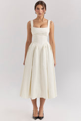 Isabeau Ivory Textured Satin Corset Midi Dress