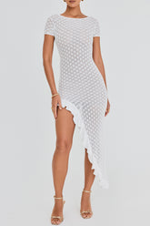 Mistress Rocks White Knit Open Back Ruffle Midi Dress - SALE