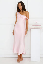 Stylish Season Off Shoulder Satin Midi Dress Pink