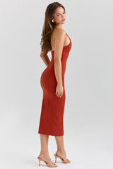 Ria Terracotta Stretch Cotton Fitted Midi Dress