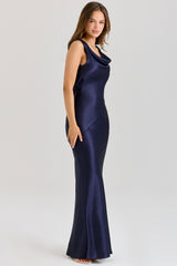 Safaira Navy Satin Draped Cowl Neck Maxi Dress