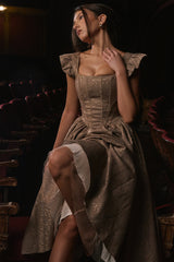 Alessandra Gold Jacquard Midi Dress with Detachable Bow - SALE