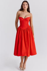Elizabeth Italian Tomato Strapless Midi Sundress