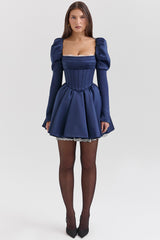 Venetia Midnight Satin Puff Sleeve Mini Dress - SALE