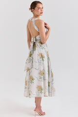 Minerva Soft Blue Vintage Ribbon Print Chiffon Midi Dress