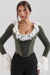 Jacinda Forest Green Velvet Lace Trimmed Corset Top - SALE