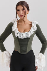 Jacinda Forest Green Velvet Lace Trimmed Corset Top - SALE