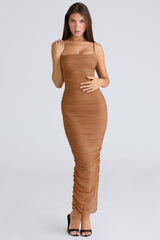 Fornarina Tan Gathered Stretch Mesh Maxi Dress