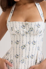 Claudia Cream Daisy Print Stretch Cotton Halter Neck Midi Dress