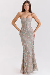 Naima Silver Embellished Beaded Corset Maxi Dress