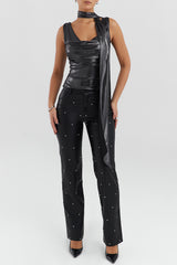 Mistress Rocks Black Vegan Leather Crystal Embellished Trousers - SALE