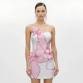 Mini Dress with Pink Floral Appliqués - White/Pink