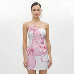 Mini Dress with Pink Floral Appliqués - White/Pink